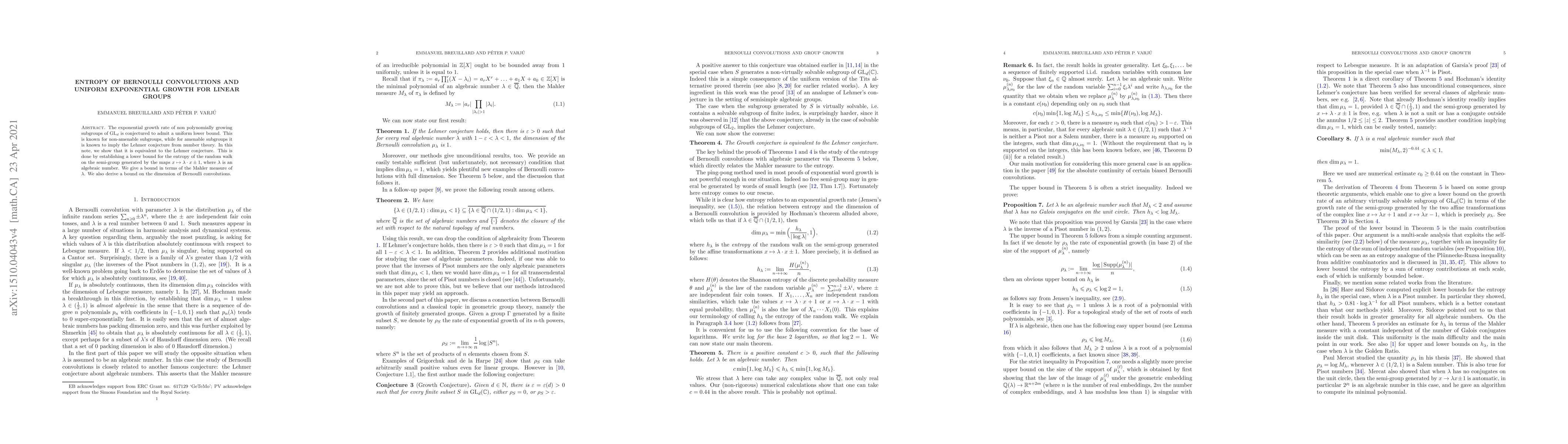 Thumbnail for Entropy of Bernoulli convolutions and uniform exponential growth for
  linear groups