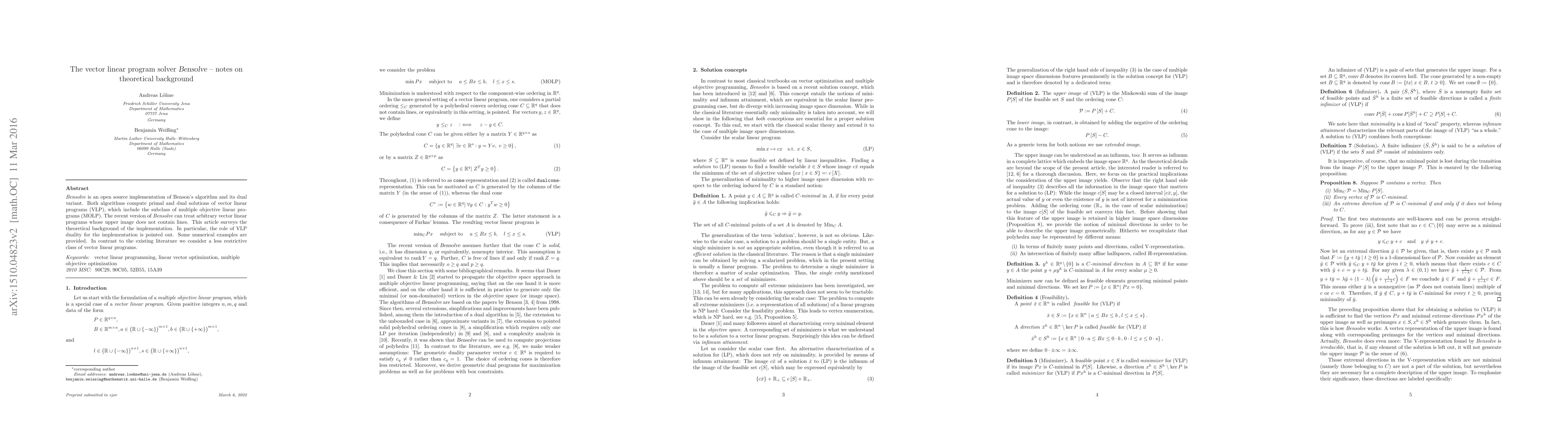 Thumbnail for The vector linear program solver Bensolve -- notes on theoretical
  background