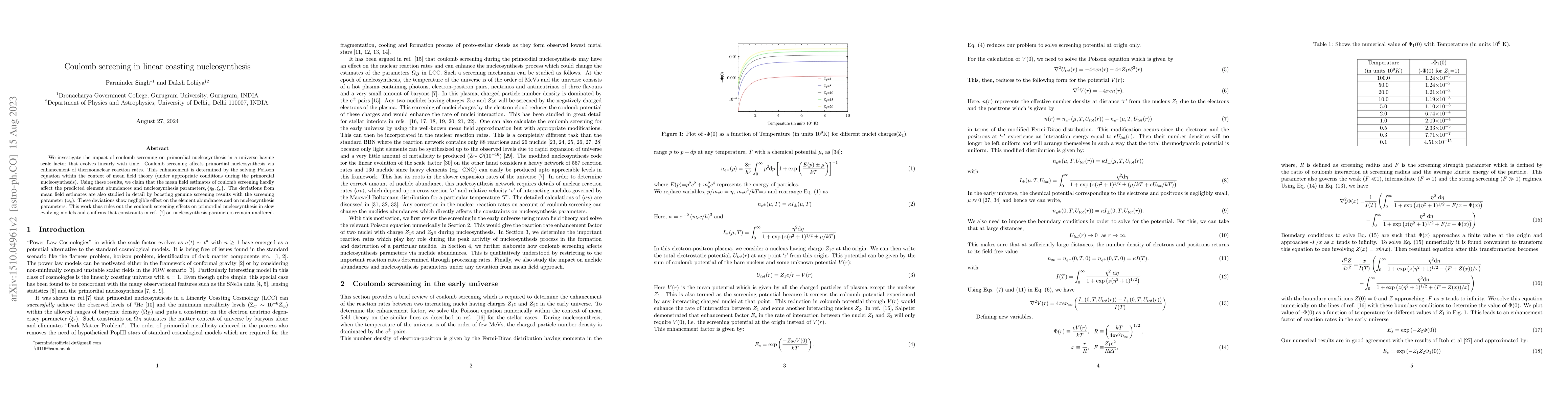 Thumbnail for Coulomb screening in linear coasting nucleosynthesis