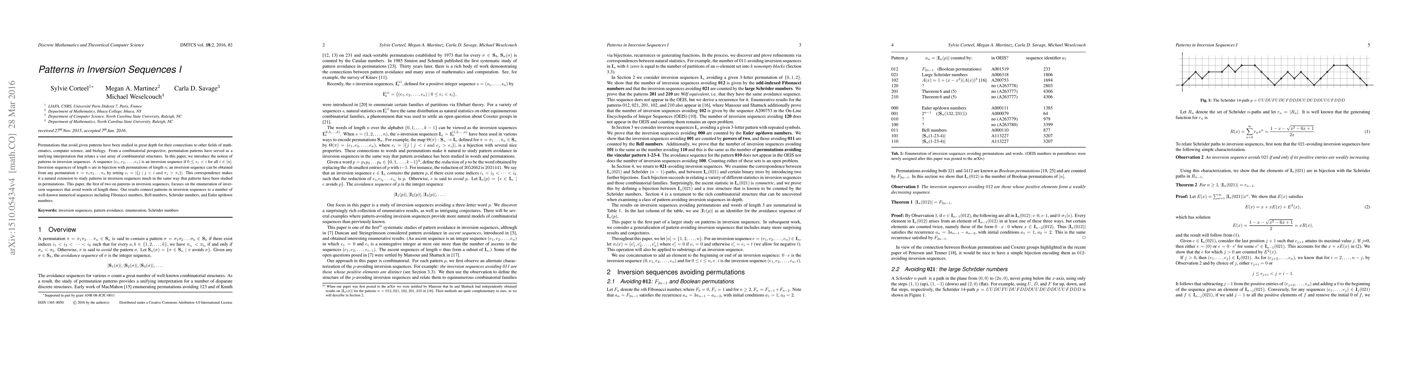 Thumbnail for Patterns in Inversion Sequences I