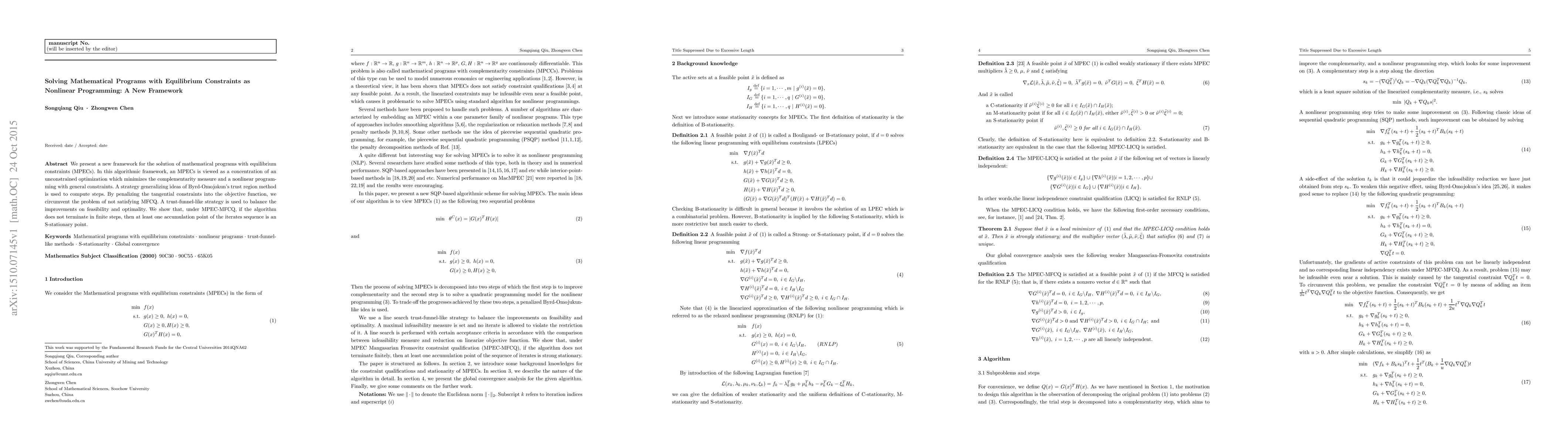 Thumbnail for Solving Mathematical Programs with Equilibrium Constraints as Nonlinear
  Programming: A New Framework