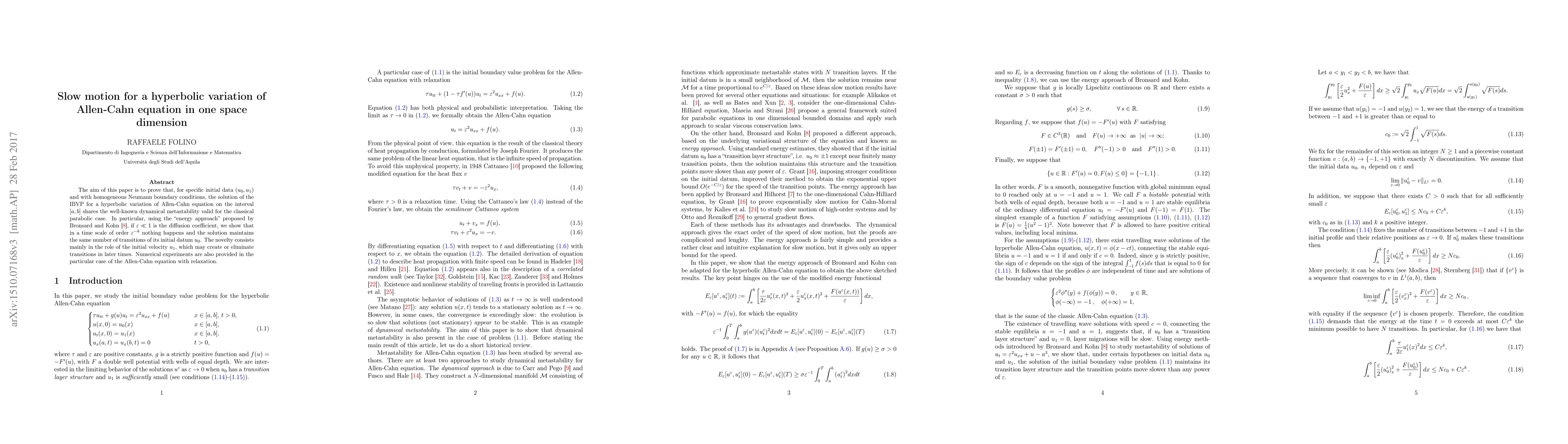Thumbnail for Slow motion for a hyperbolic variation of Allen-Cahn equation in one
  space dimension