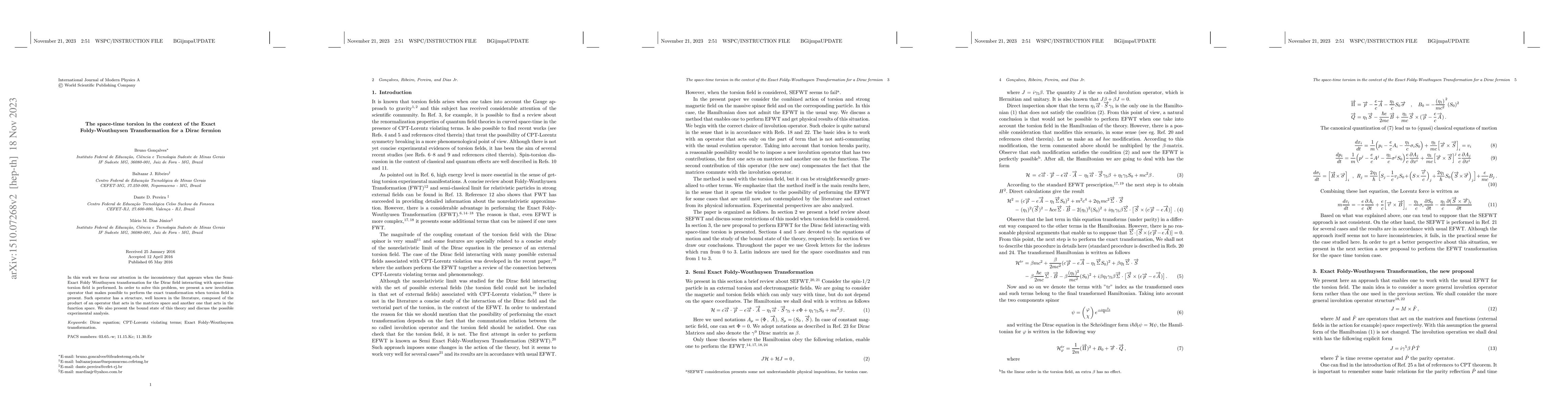 Thumbnail for The space-time torsion in the context of the Exact Foldy-Wouthuysen
  Transformation for a Dirac fermion