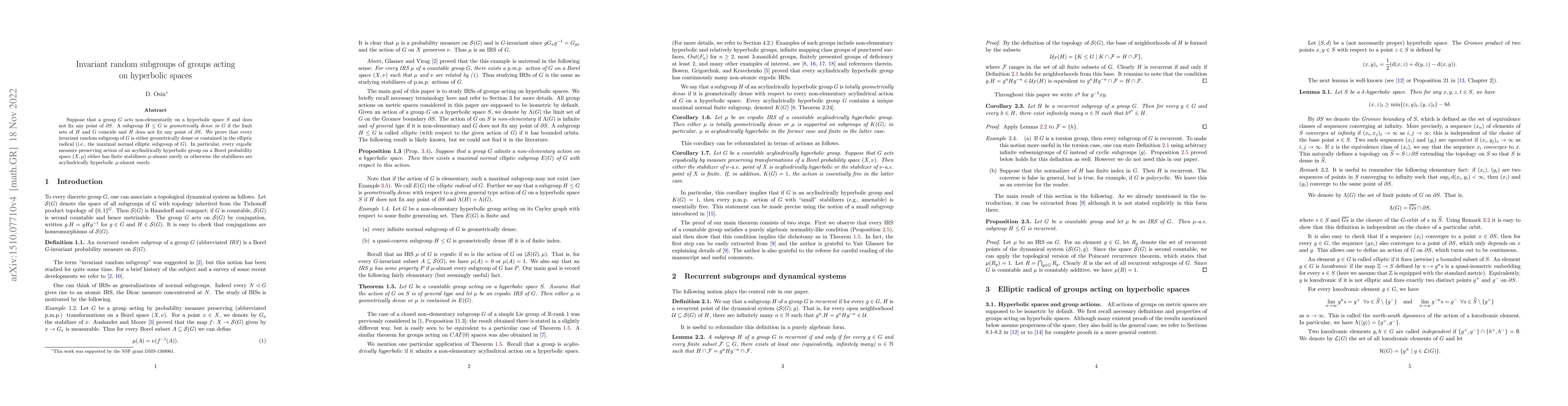 Thumbnail for Invariant random subgroups of groups acting on hyperbolic spaces