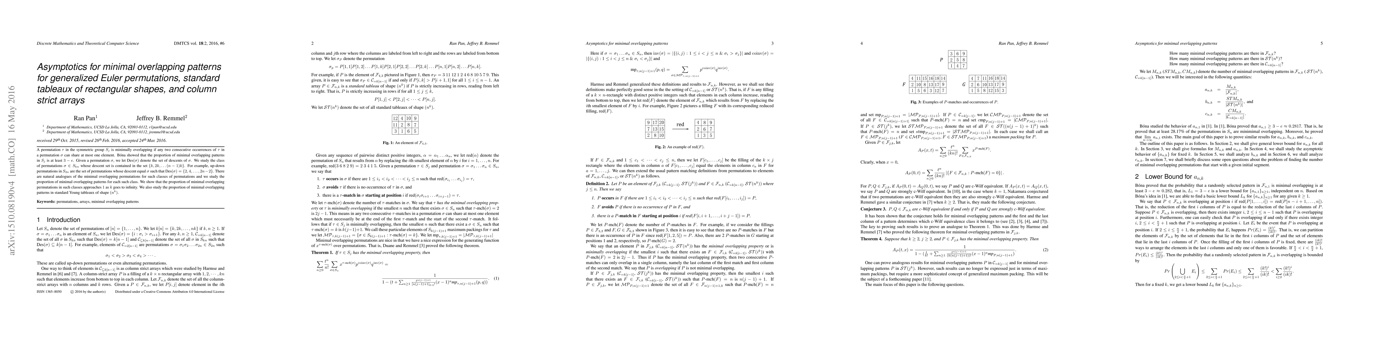 Thumbnail for Asymptotics for minimal overlapping patterns for generalized Euler
  permutations, standard tableaux of rectangular shape, and column strict
  arrays