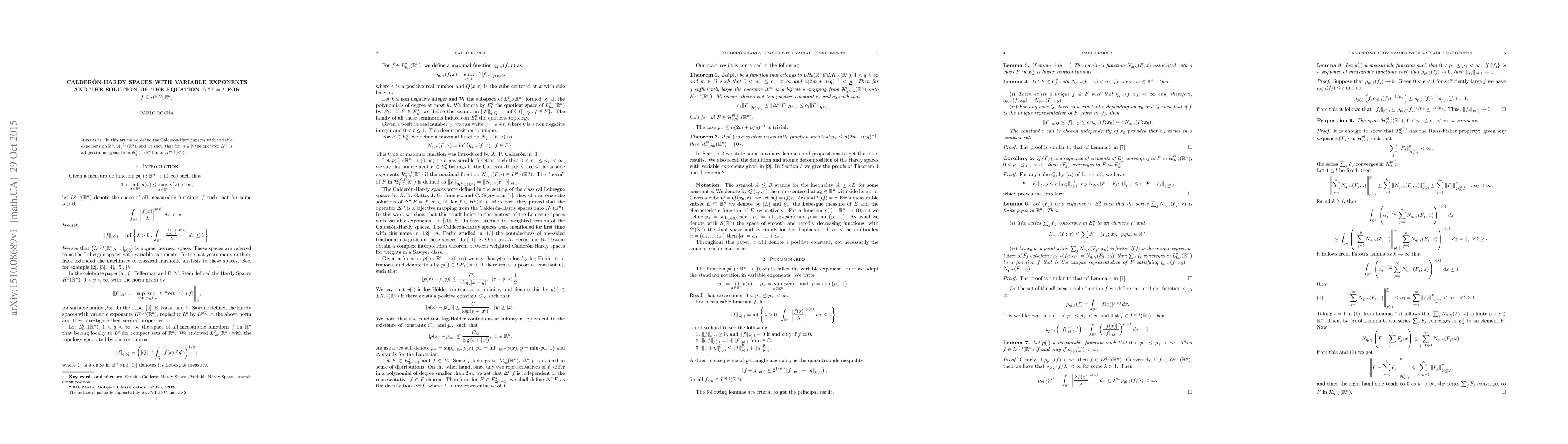 Thumbnail for Calder\'on-Hardy Spaces with variable exponents and the Solution of the
  Equation $\Delta^m F = f$ for $f \in H^{p(\cdot)}(\mathbb{R}^{n})$