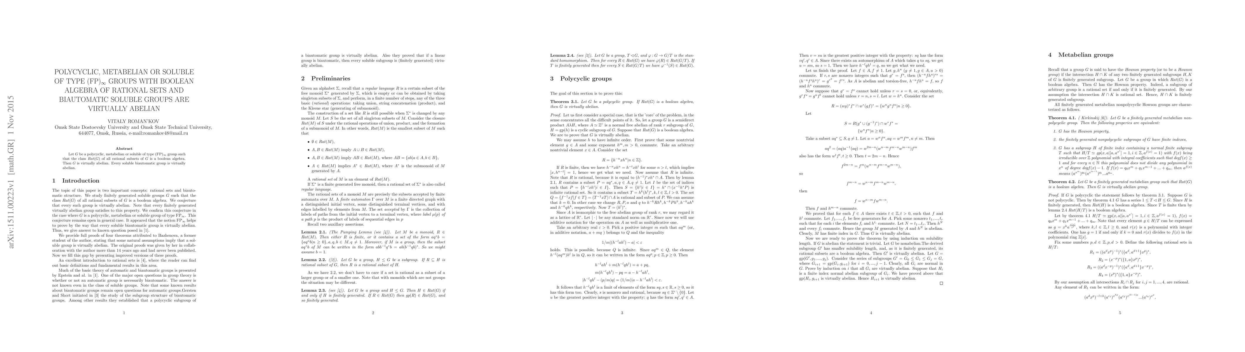 Thumbnail for Polycyclic, metabelian or soluble of type (FP)$_{\infty}$ groups with
  boolean algebra of rational sets and biautomatic soluble groups are virtually
  abelian