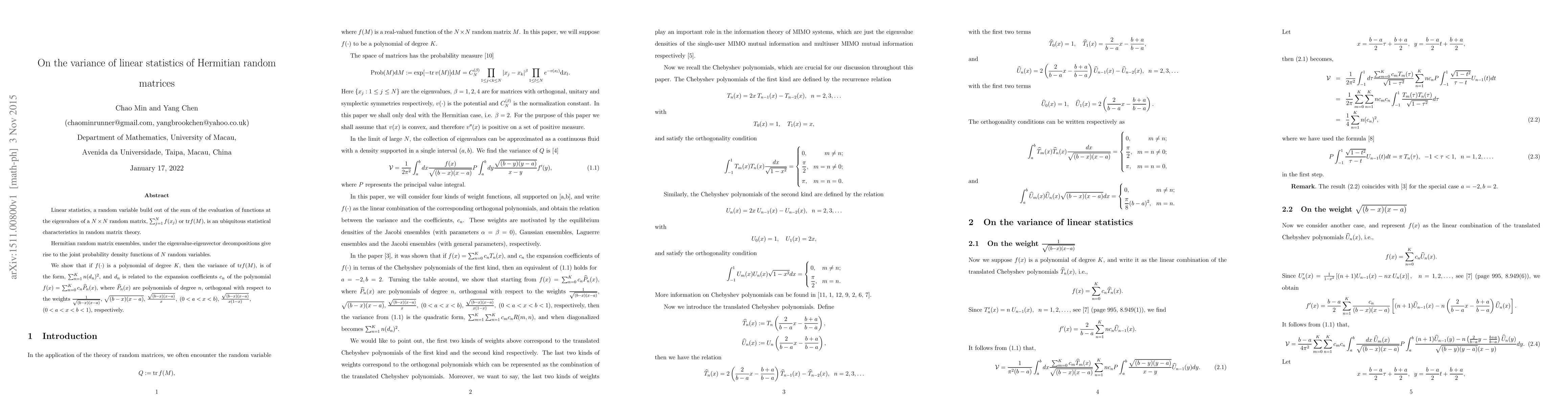 Thumbnail for On the variance of linear statistics of Hermitian random matrices