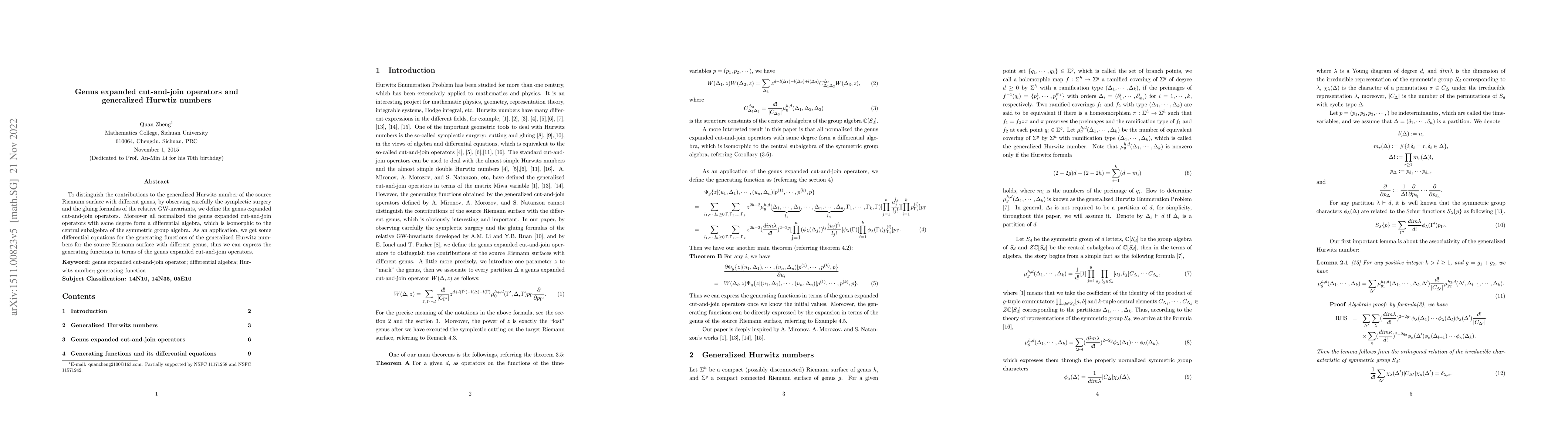 Thumbnail for Genus Expanded Cut-and-Join operators and generalized Hurwtiz numbers