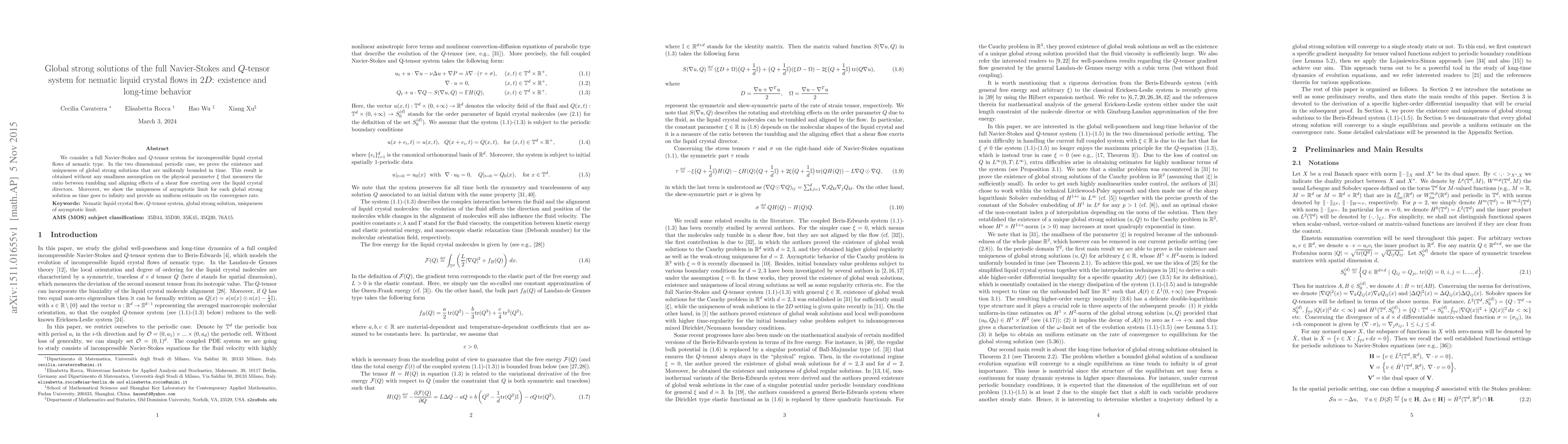 Thumbnail for Global strong solutions of the full Navier-Stokes and $Q$-tensor system
  for nematic liquid crystal flows in $2D$: existence and long-time behavior