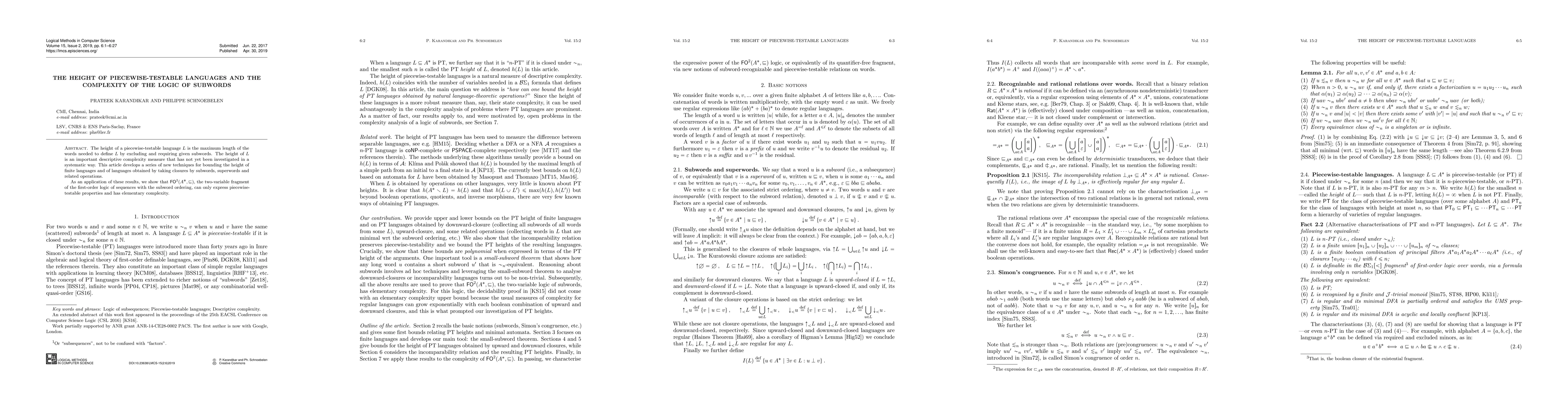 Thumbnail for The height of piecewise-testable languages and the complexity of the
  logic of subwords