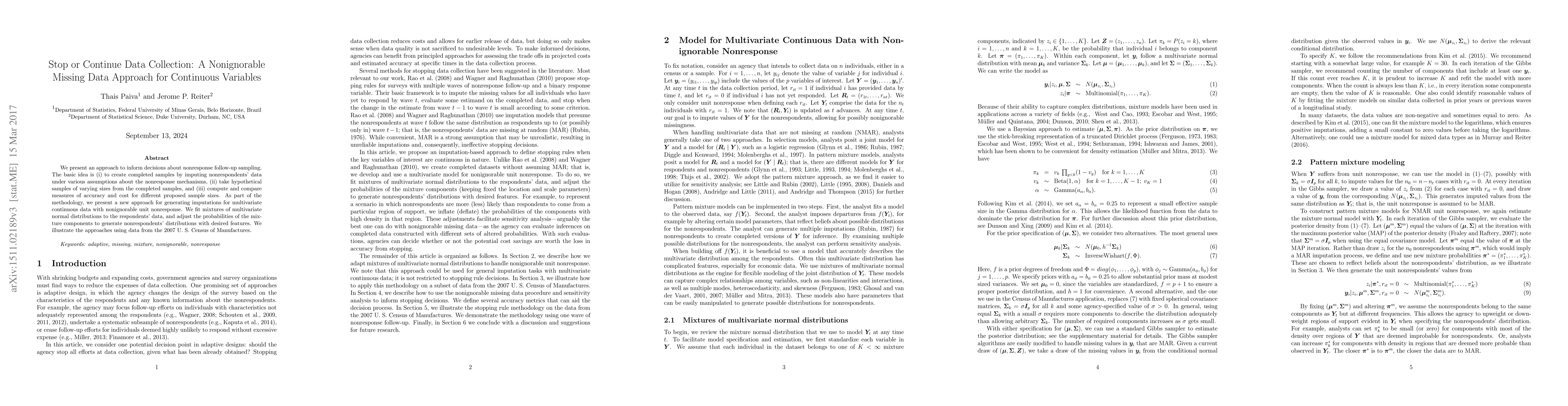 Thumbnail for Stop or Continue Data Collection: A Nonignorable Missing Data Approach
  for Continuous Variables