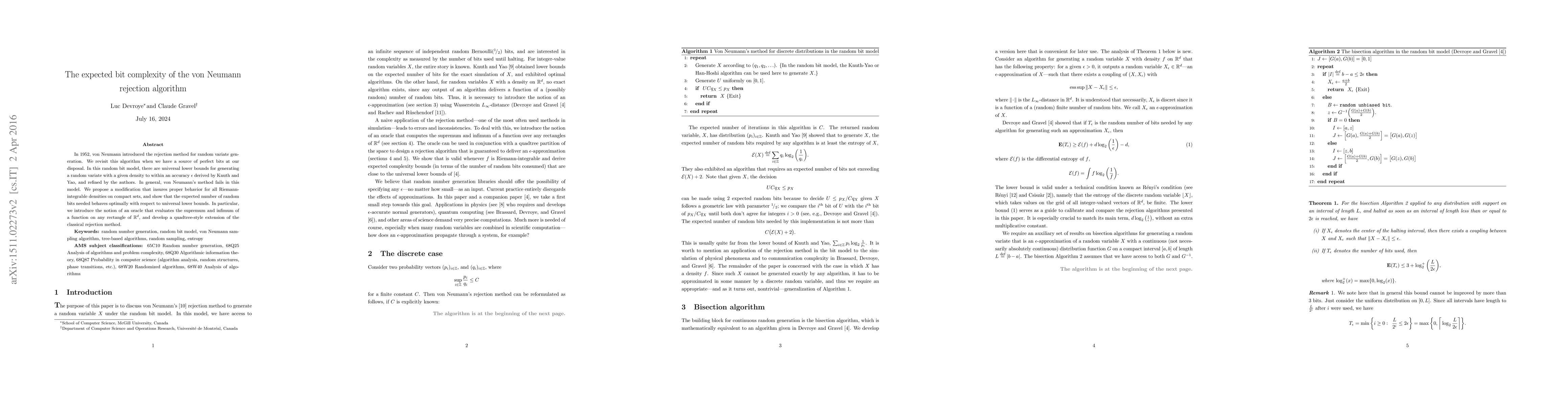 Thumbnail for The expected bit complexity of the von Neumann rejection algorithm