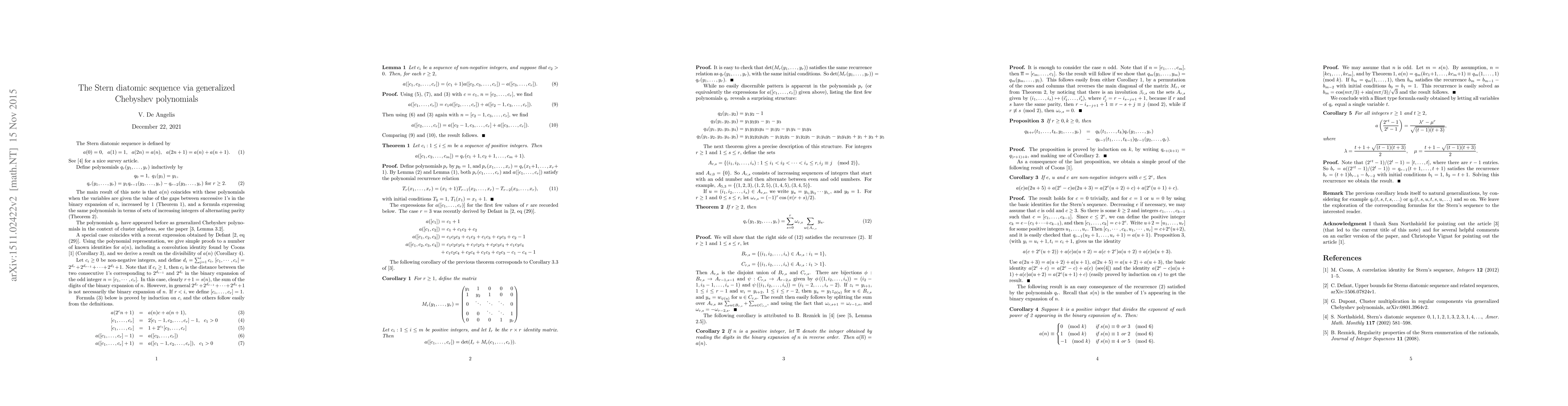 Thumbnail for The Stern diatomic sequence via generalized Chebyshev polynomials