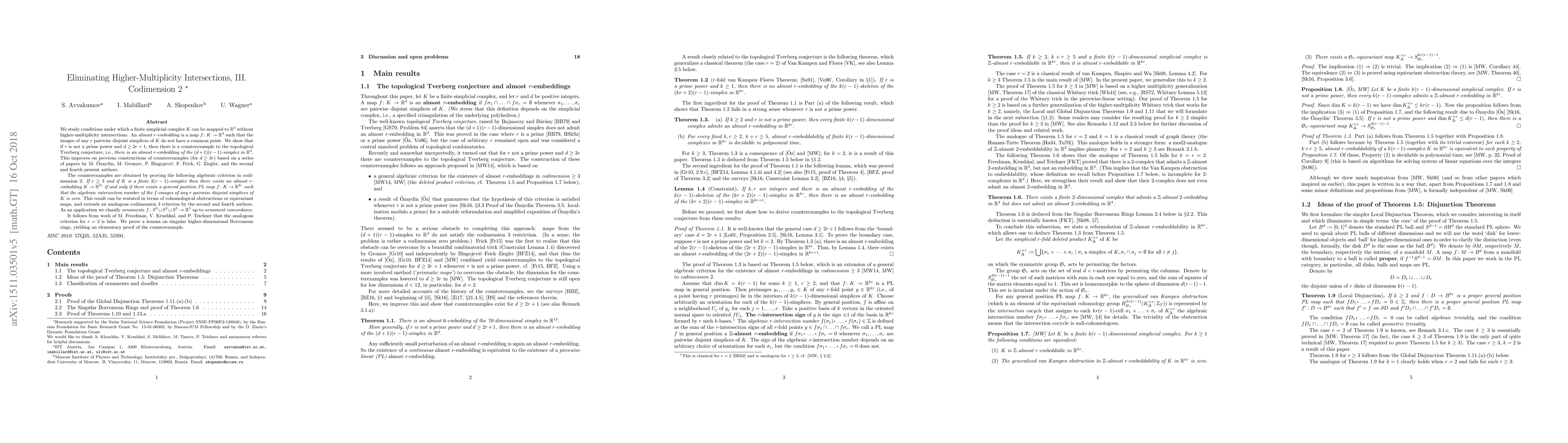 Thumbnail for Eliminating Higher-Multiplicity Intersections, III. Codimension 2