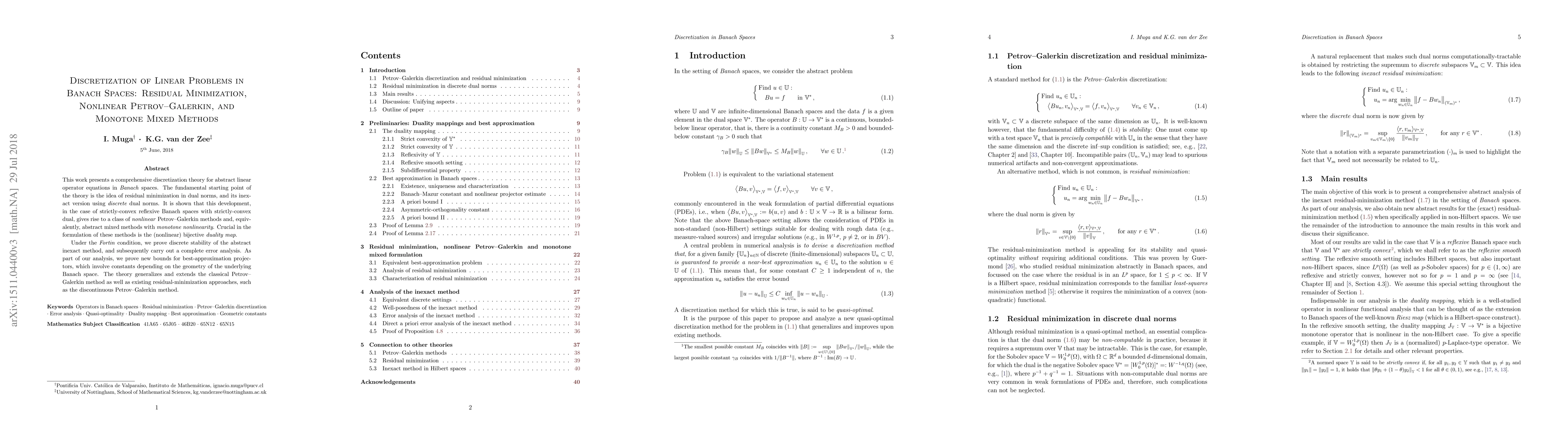 Thumbnail for Discretization of Linear Problems in Banach Spaces: Residual
  Minimization, Nonlinear Petrov-Galerkin, and Monotone Mixed Methods
