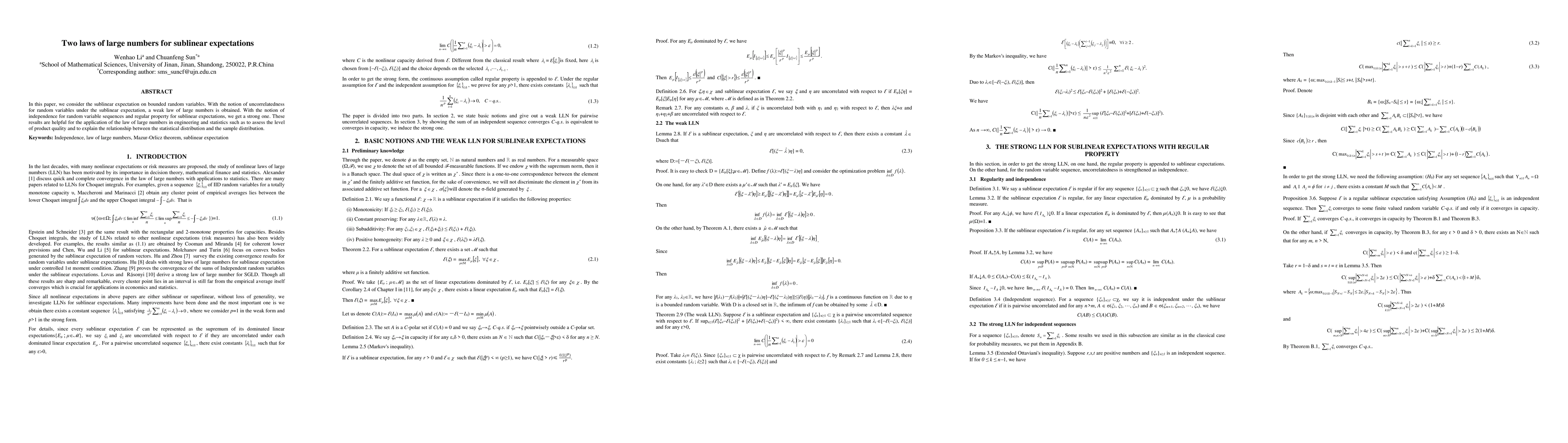 Thumbnail for Two laws of large numbers for sublinear expectations