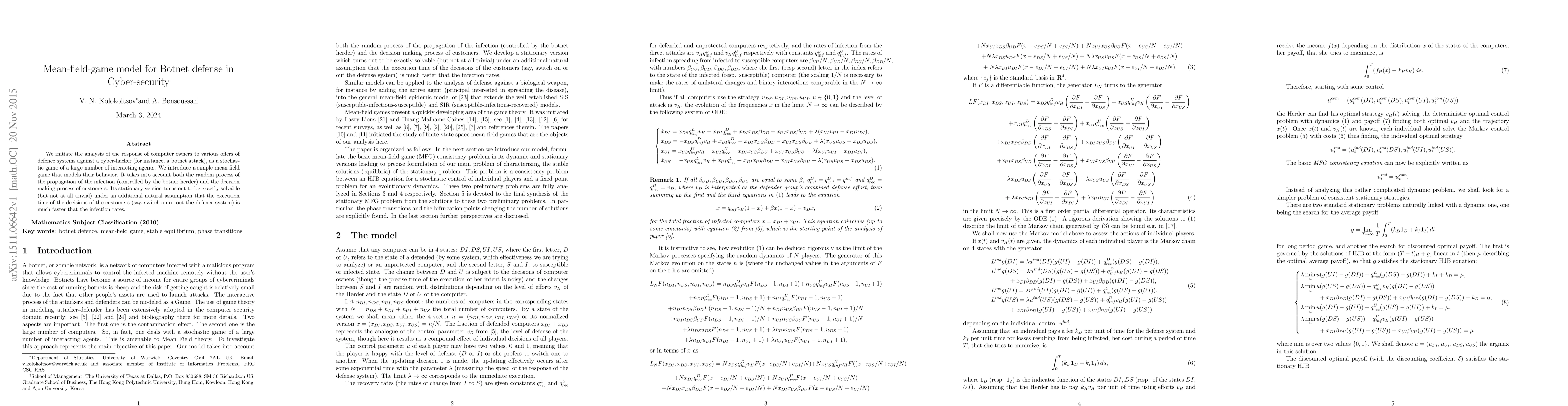 Thumbnail for Mean-field-game model for Botnet defense in Cyber-security