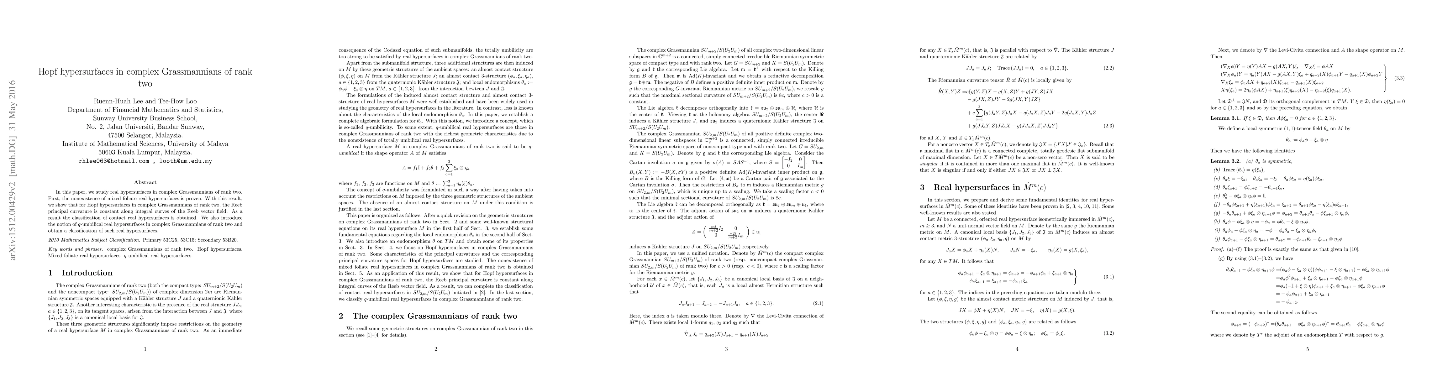 Thumbnail for Hopf hypersurfaces in complex Grassmannians of rank two