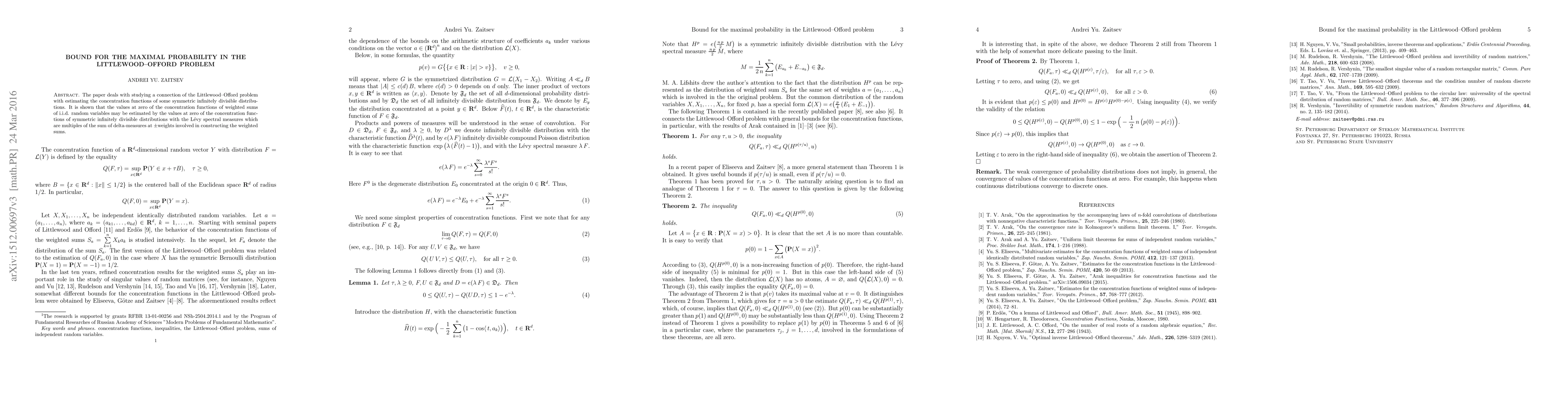 Thumbnail for Bound for the maximal probability in the Littlewood-Offord problem