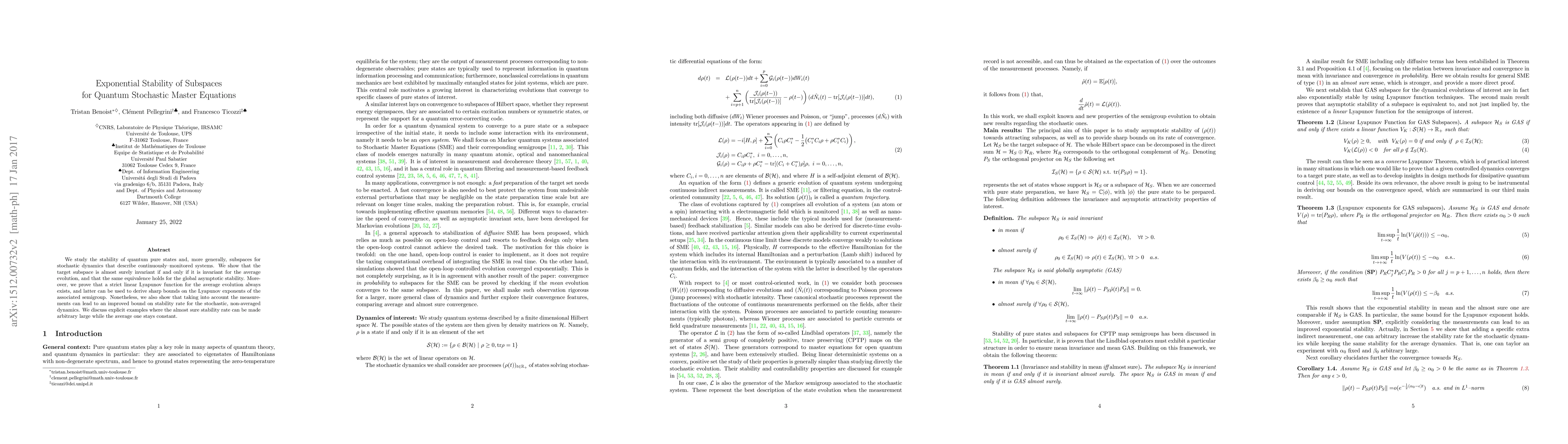 Thumbnail for Exponential Stability of Subspaces for Quantum Stochastic Master
  Equations