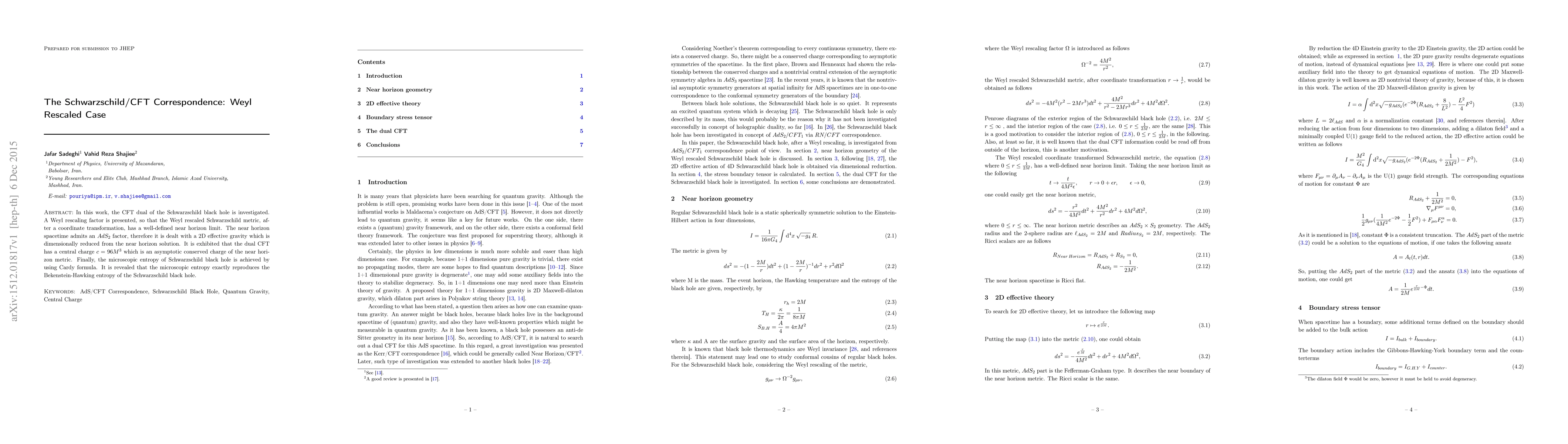Thumbnail for The Schwarzschild/CFT Correspondence: Weyl Rescaled Case