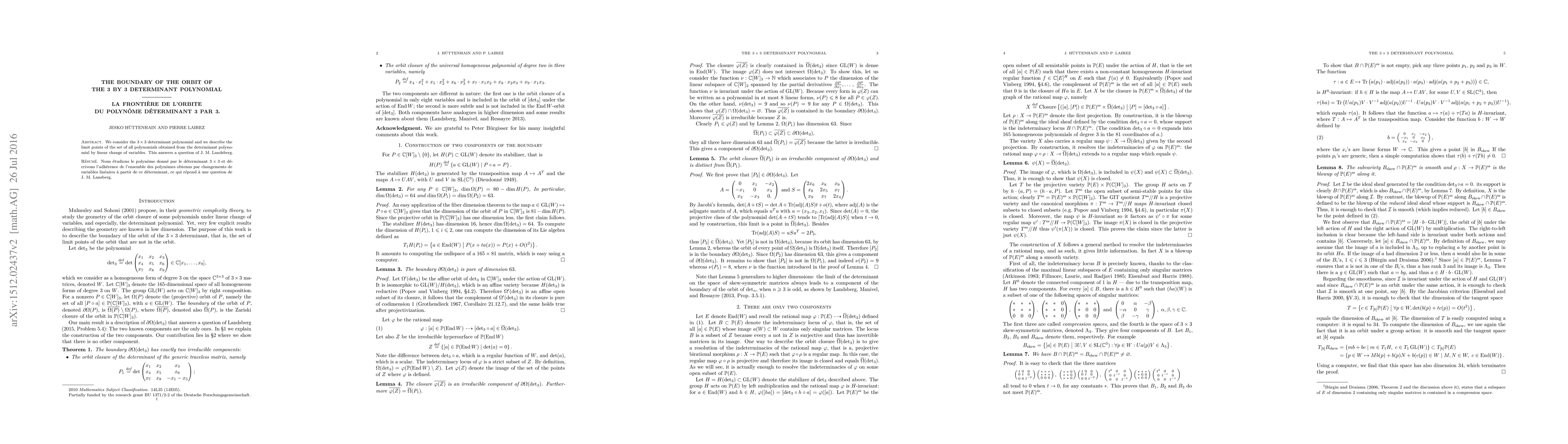 Thumbnail for The boundary of the orbit of the 3 by 3 determinant polynomial