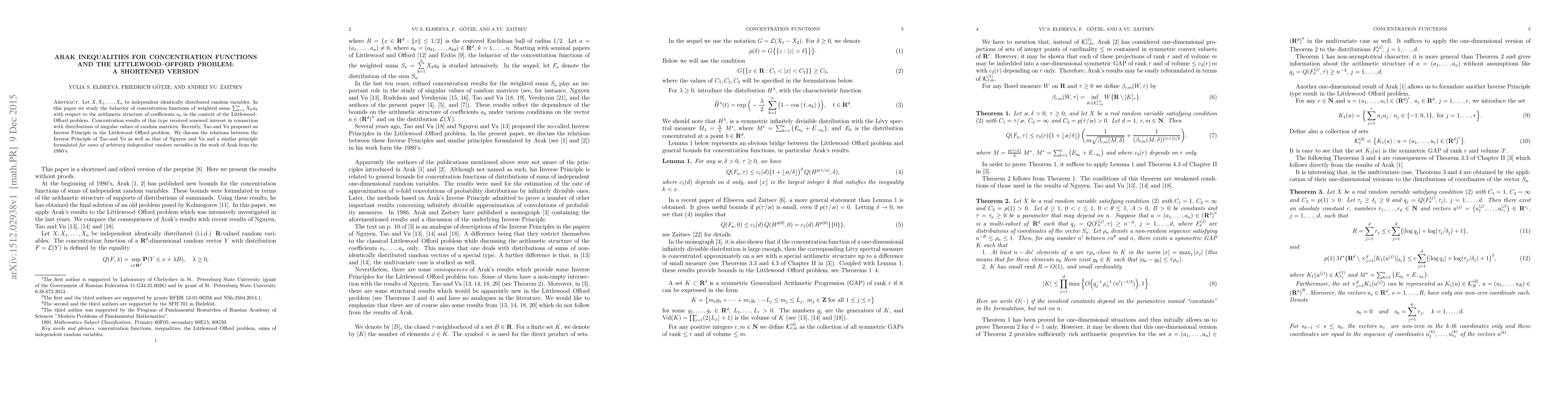 Thumbnail for Arak Inequalities for Concentration Functions and the Littlewood--Offord
  Problem: a shortened version
