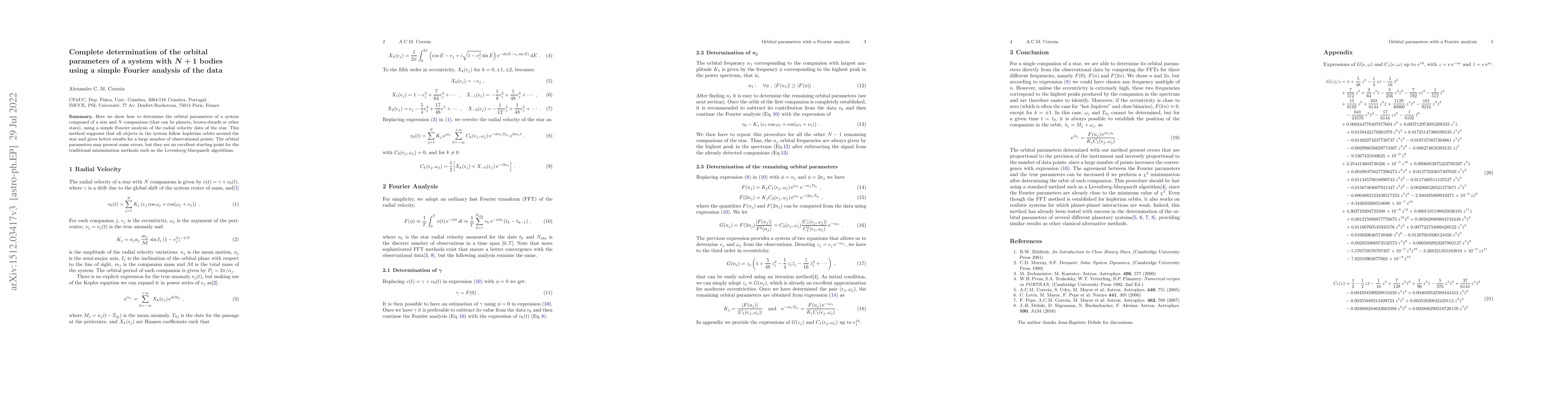 Thumbnail for Complete determination of the orbital parameters of a system with N+1
  bodies using a simple Fourier analysis of the data