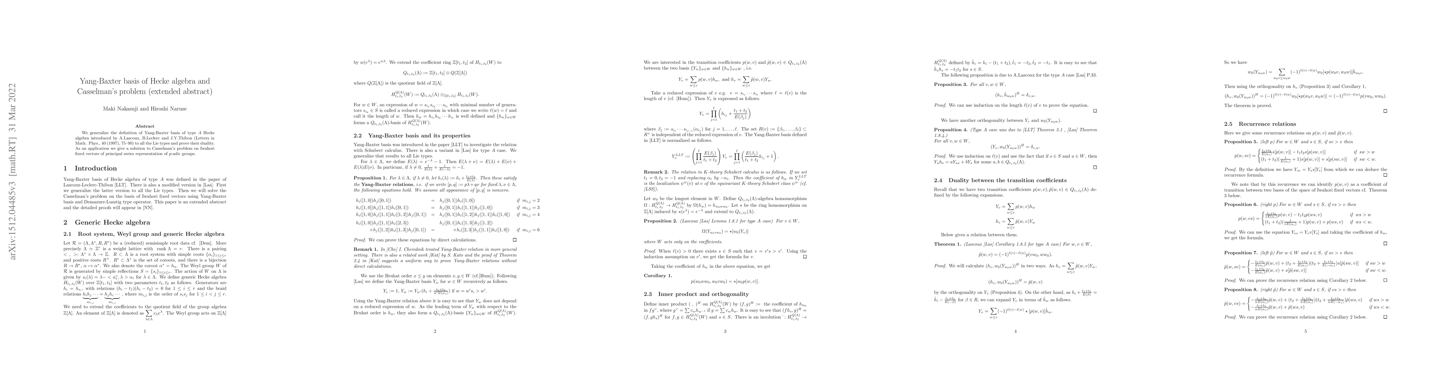 Thumbnail for Yang-Baxter basis of Hecke algebra and Casselman's problem (extended
  abstract)
