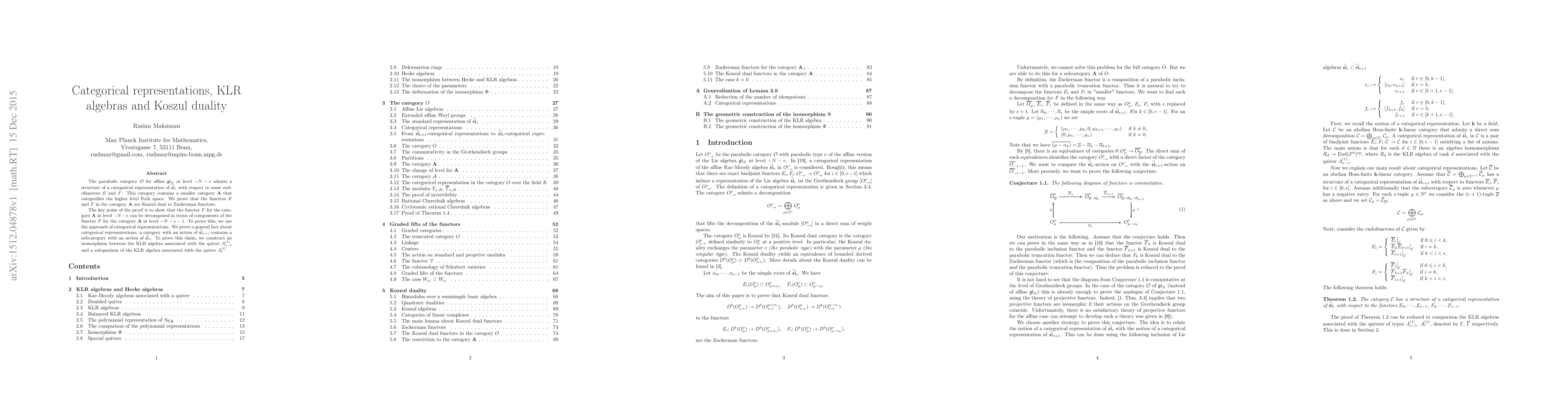 Thumbnail for Categorical representations, KLR algebras and Koszul duality