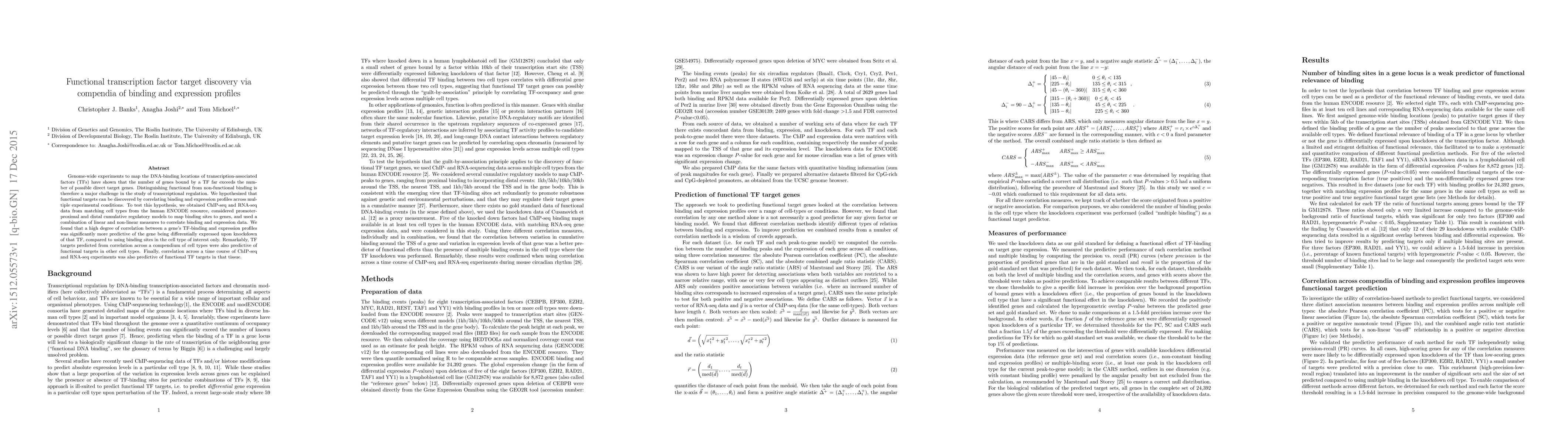 Thumbnail for Functional transcription factor target discovery via compendia of
  binding and expression profiles