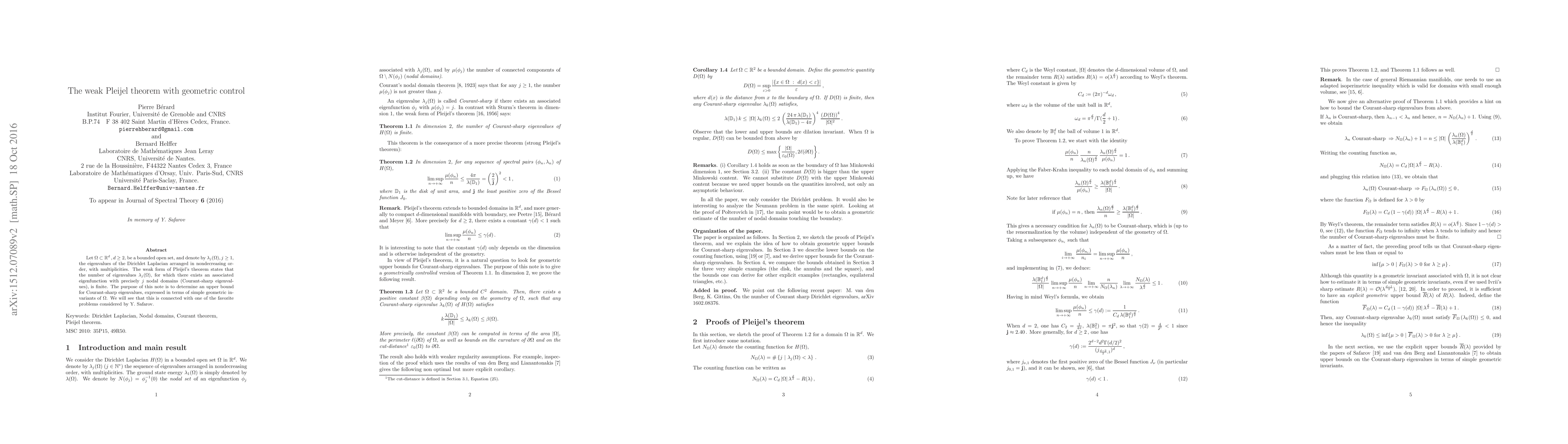 Thumbnail for The weak Pleijel theorem with geometric control