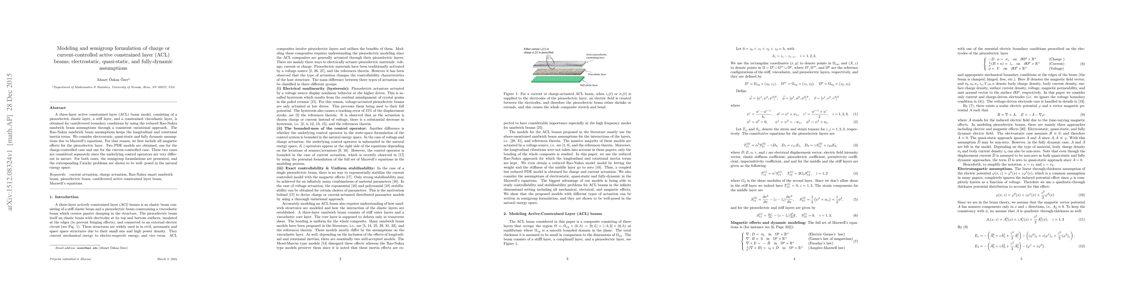Thumbnail for Modeling and semigroup formulation of charge or current-controlled
  active constrained layer (ACL) beams; electrostatic, quasi-static, and
  fully-dynamic assumptions
