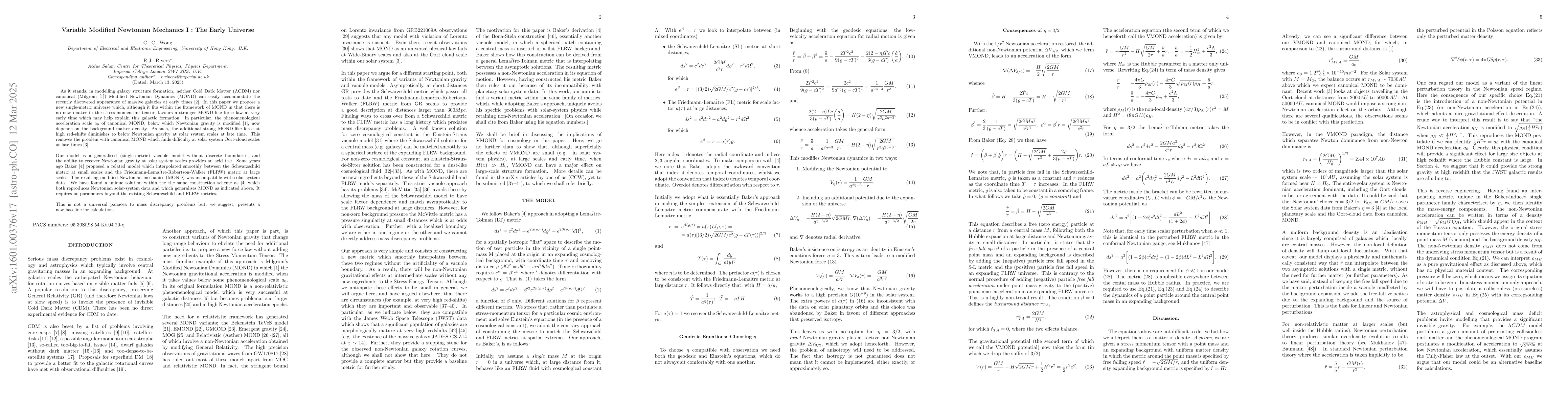Thumbnail for Variable Modified Newtonian Mechanics I: Single Metric Universe