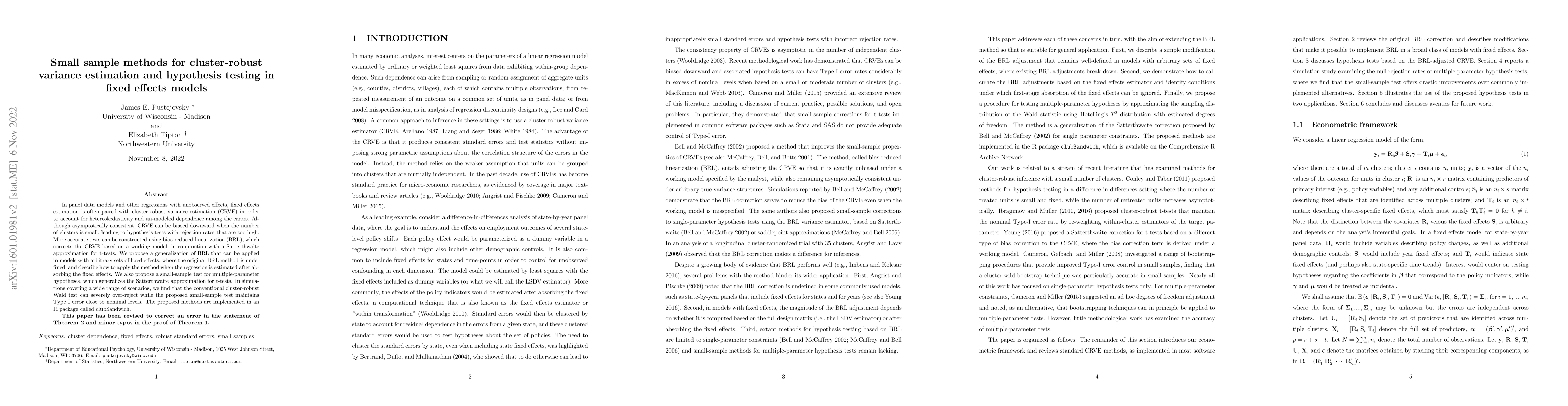 Thumbnail for Small sample methods for cluster-robust variance estimation and
  hypothesis testing in fixed effects models