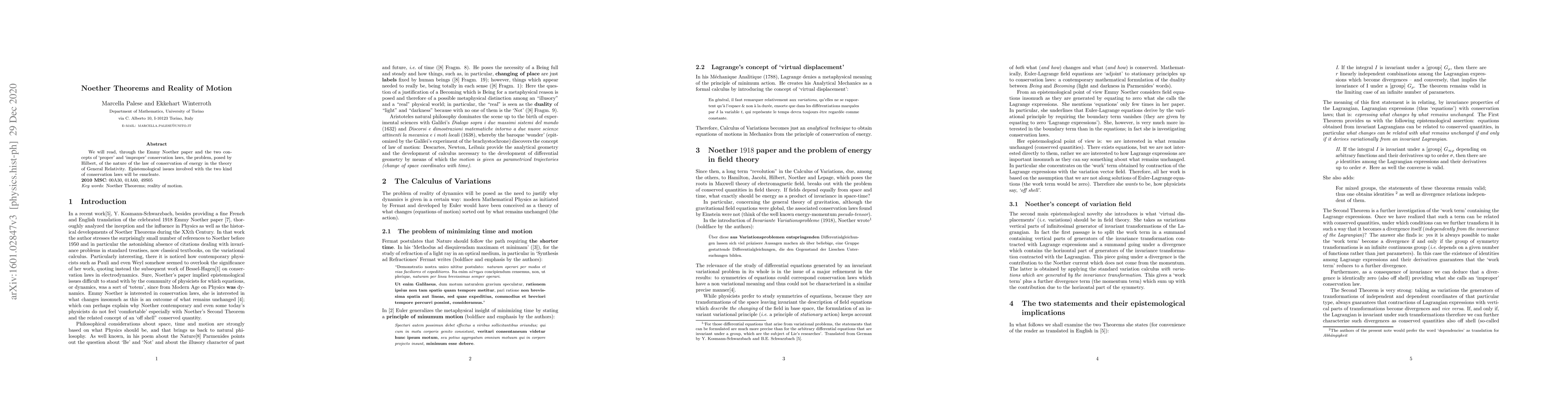 Thumbnail for Noether Theorems and Reality of Motion