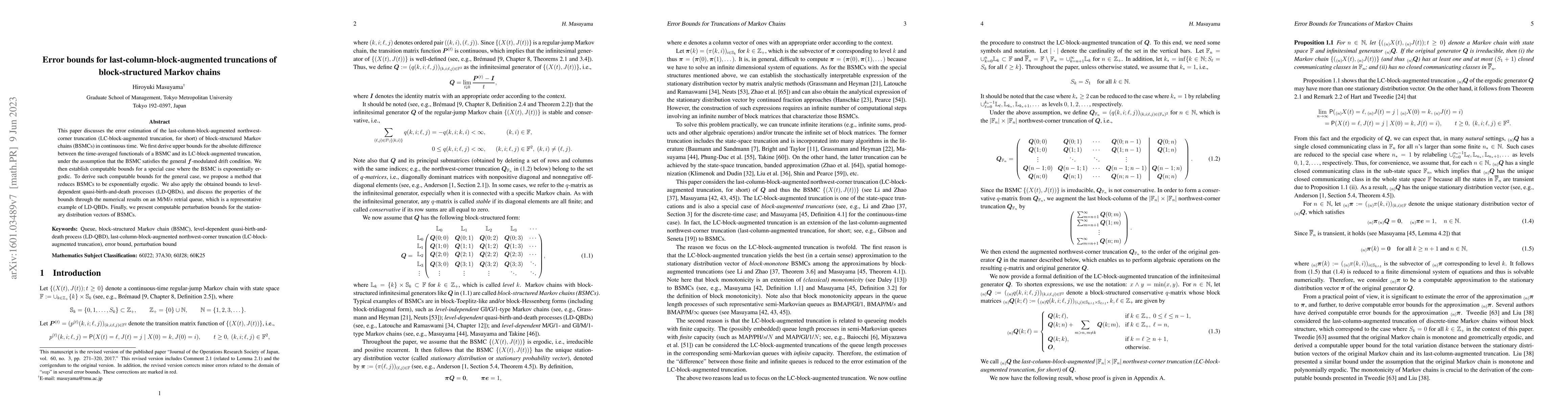 Thumbnail for Error bounds for last-column-block-augmented truncations of
  block-structured Markov chains