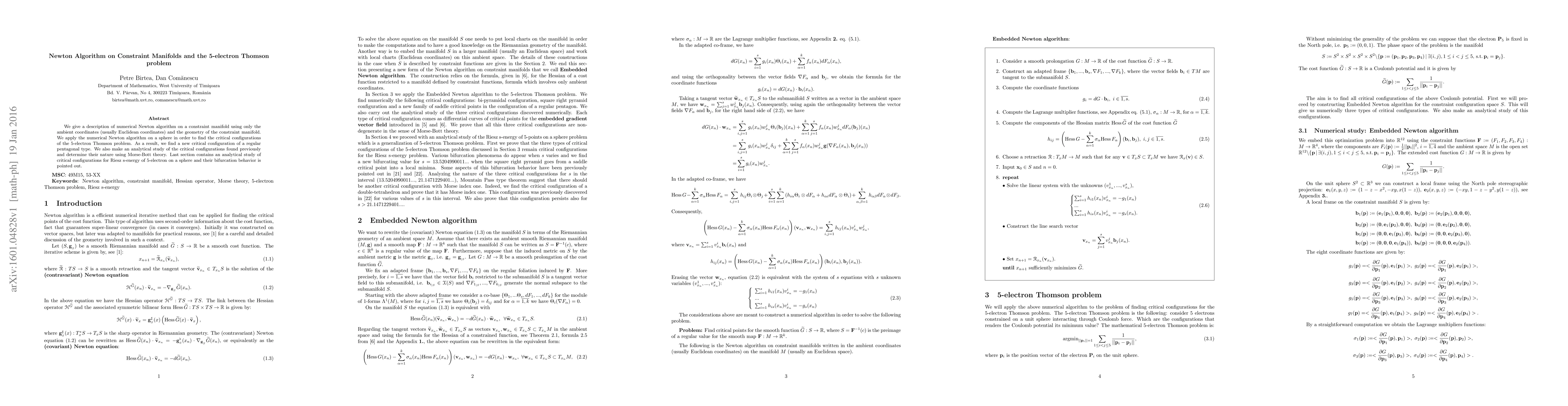 Thumbnail for Newton Algorithm on Constraint Manifolds and the 5-electron Thomson
  problem