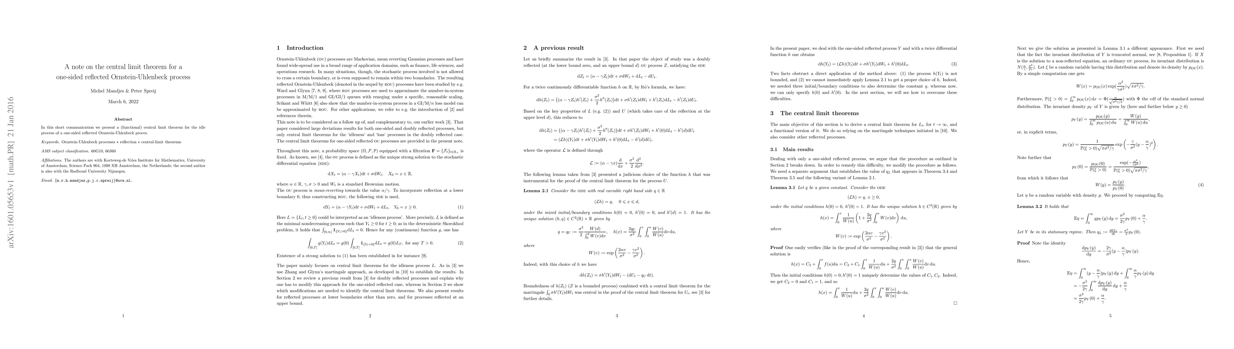 Thumbnail for A note on the central limit theorem for a one-sided reflected
  Ornstein-Uhlenbeck process