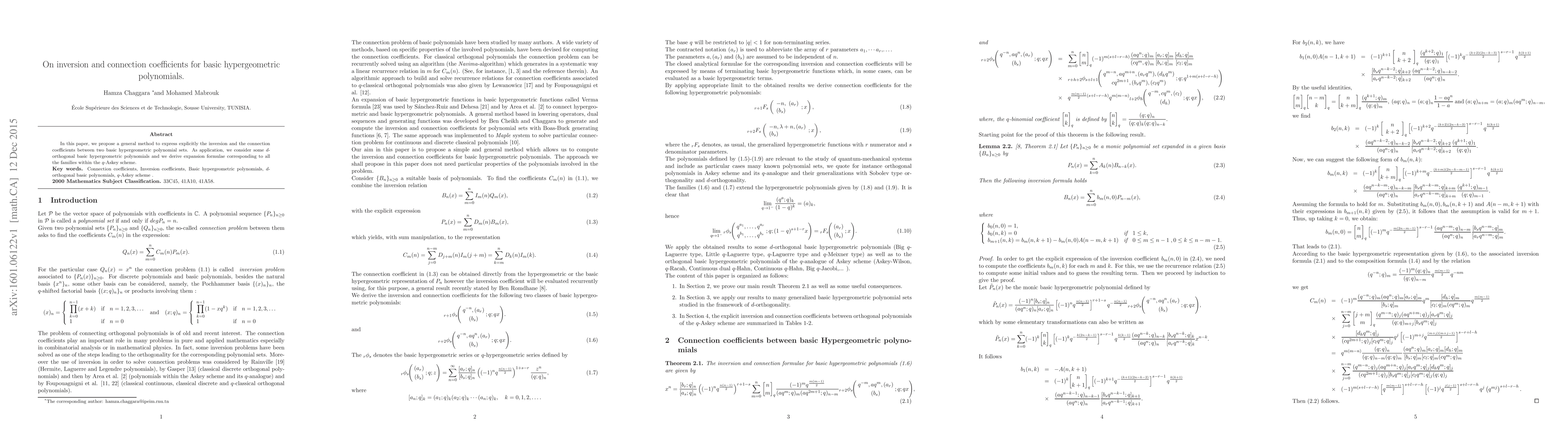Thumbnail for On inversion and connection coefficients for basic hypergeometric
  polynomials