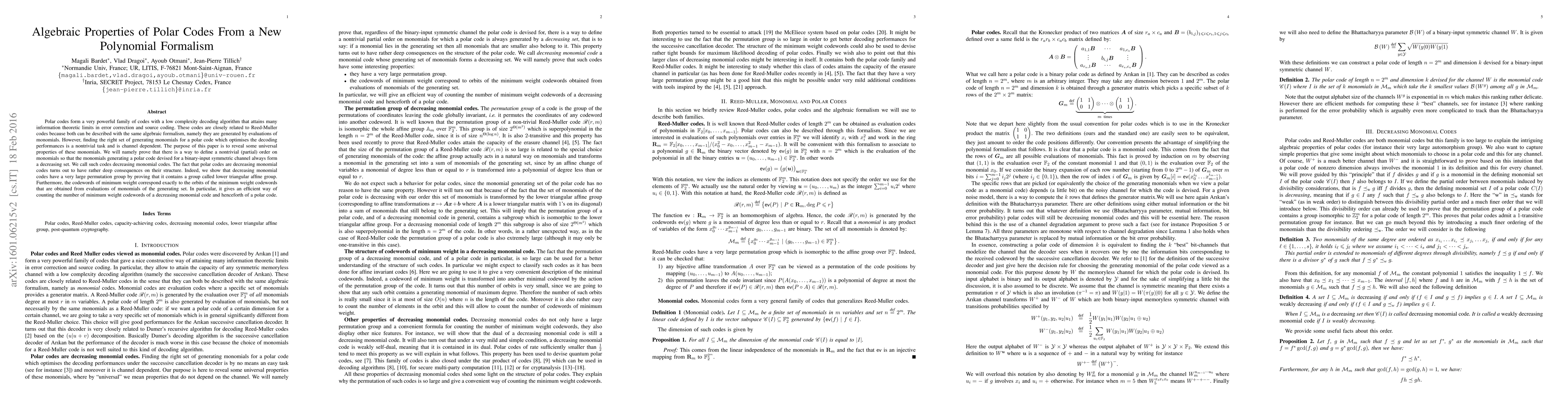 Thumbnail for Algebraic Properties of Polar Codes From a New Polynomial Formalism