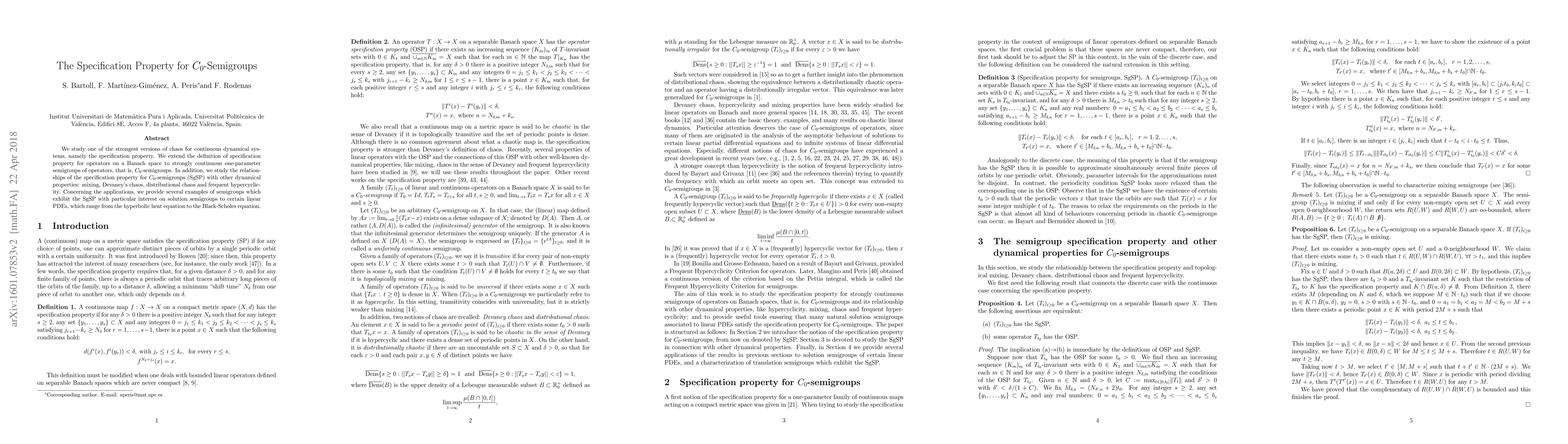 Thumbnail for The Specification Property for $C_0$-Semigroups