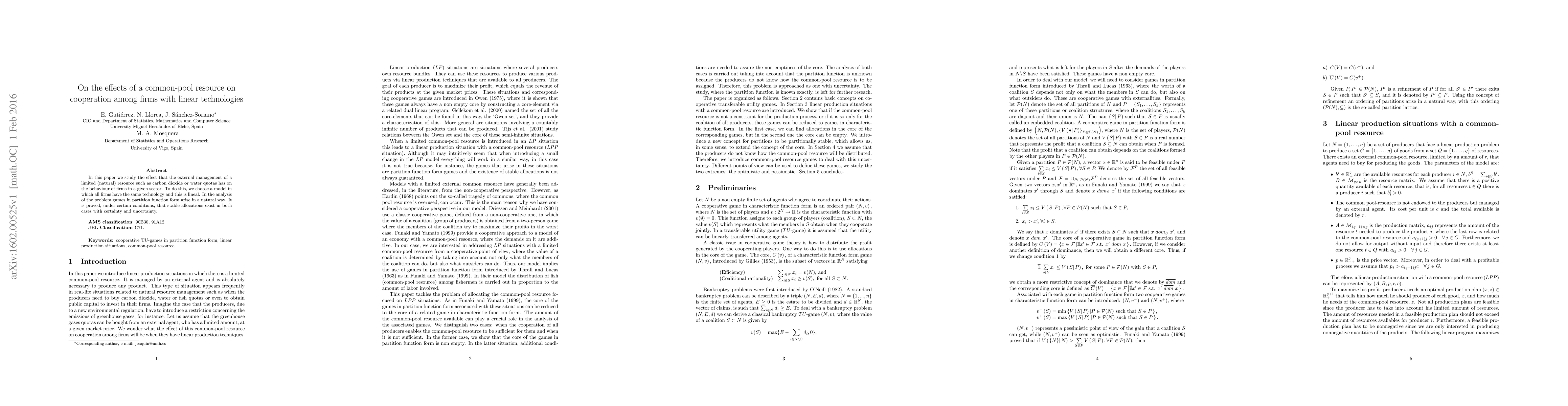 Thumbnail for On the effects of a common-pool resource on cooperation among firms with
  linear technologies