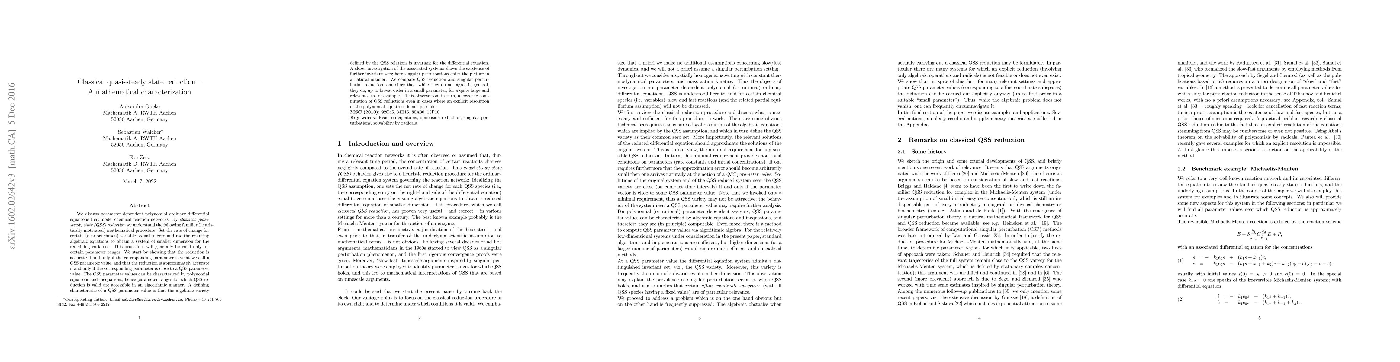 Thumbnail for Classical quasi-steady state reduction -- A mathematical
  characterization