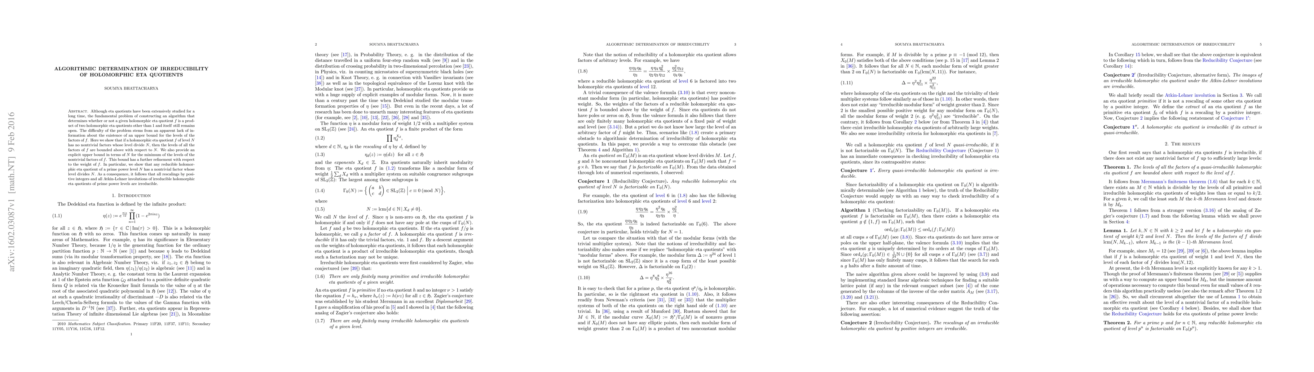 Thumbnail for Irreducibility of a holomorphic eta quotient is determinable