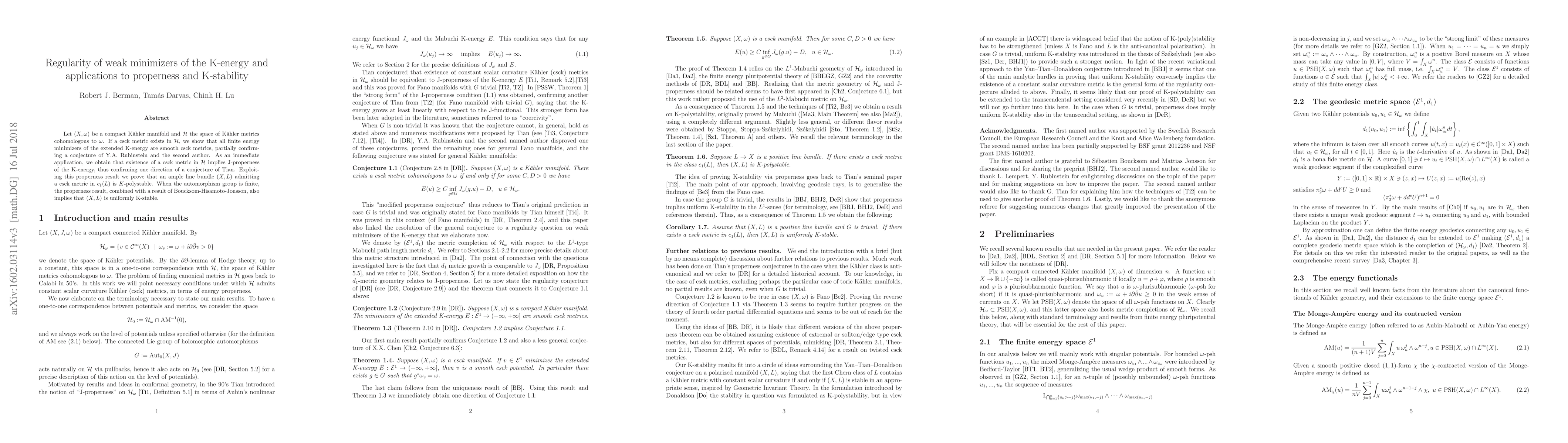 Thumbnail for Regularity of weak minimizers of the K-energy and applications to
  properness and K-stability
