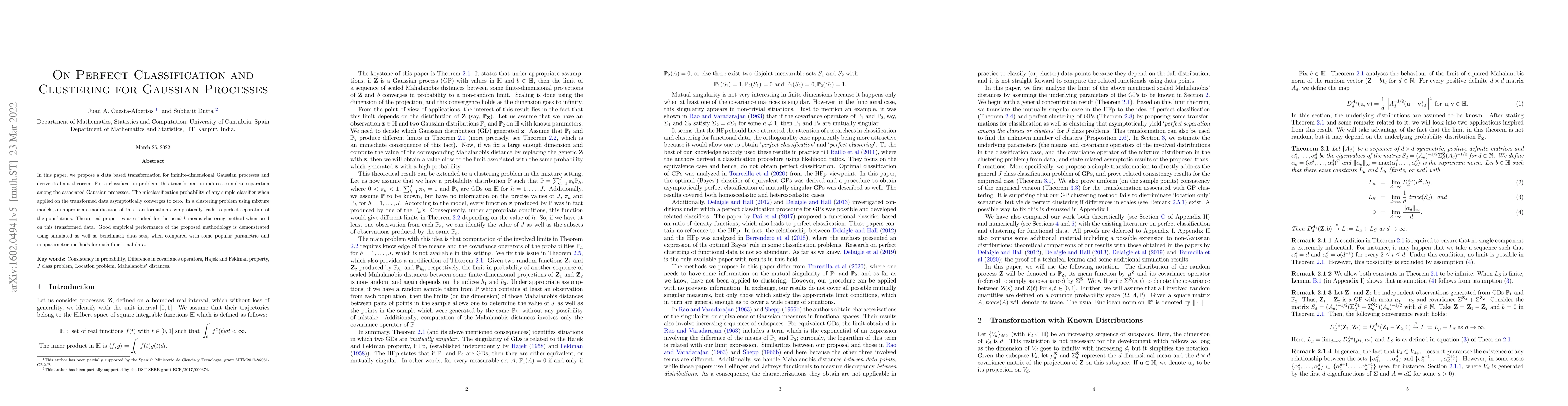 Thumbnail for On Perfect Classification and Clustering for Gaussian Processes