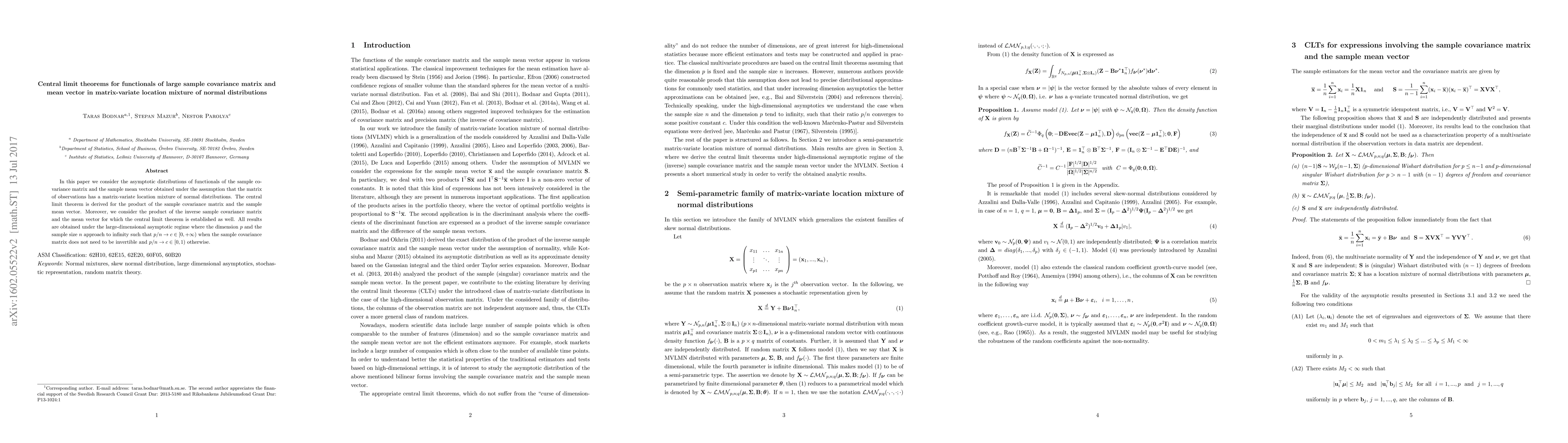 Thumbnail for Central limit theorems for functionals of large sample covariance matrix
  and mean vector in matrix-variate location mixture of normal distributions