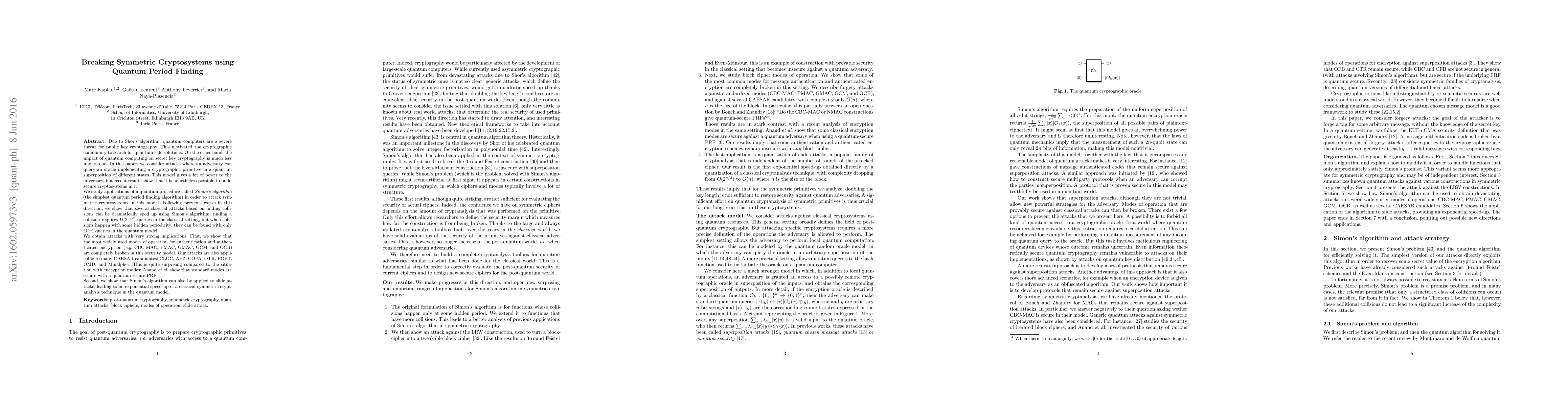 Thumbnail for Breaking Symmetric Cryptosystems using Quantum Period Finding